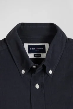 Regular plain anthracite grey cotton shirt with button-down collar and chest pocket