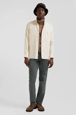Regular plain beige cotton twill shirt with button-down collar