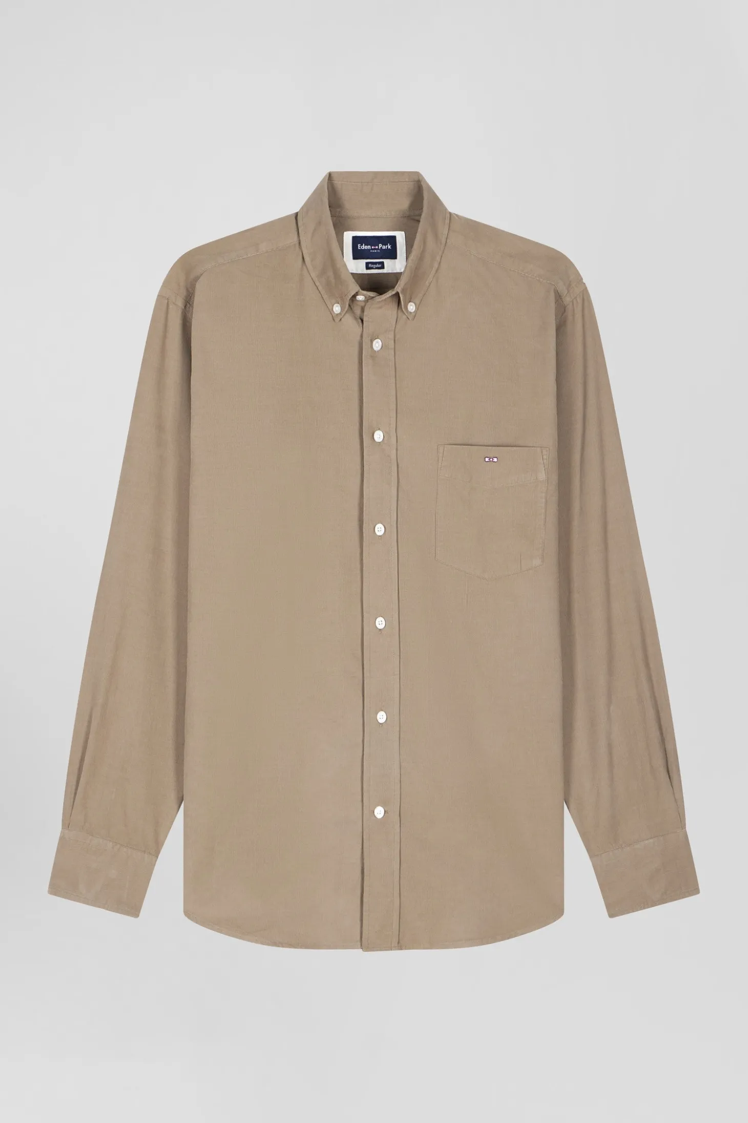 Regular plain beige cotton shirt with button-down collar and chest pocket