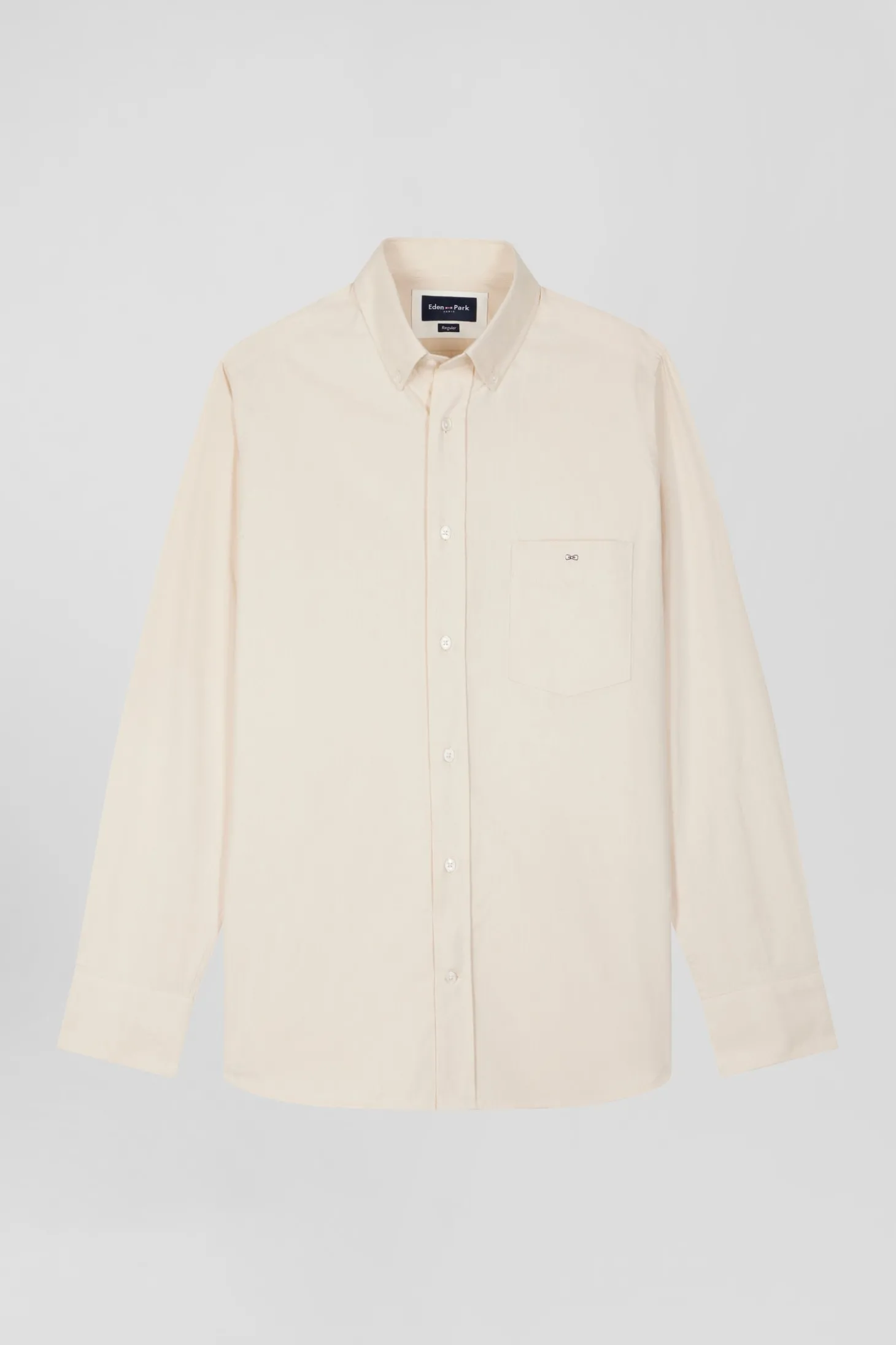 Regular plain beige cotton twill shirt with button-down collar