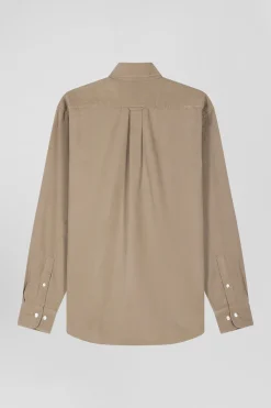 Regular plain beige cotton shirt with button-down collar and chest pocket