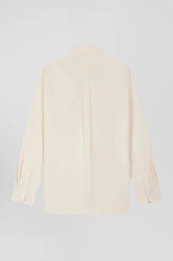 Regular plain beige cotton twill shirt with button-down collar