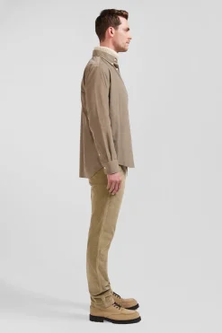 Regular plain beige cotton shirt with button-down collar and chest pocket