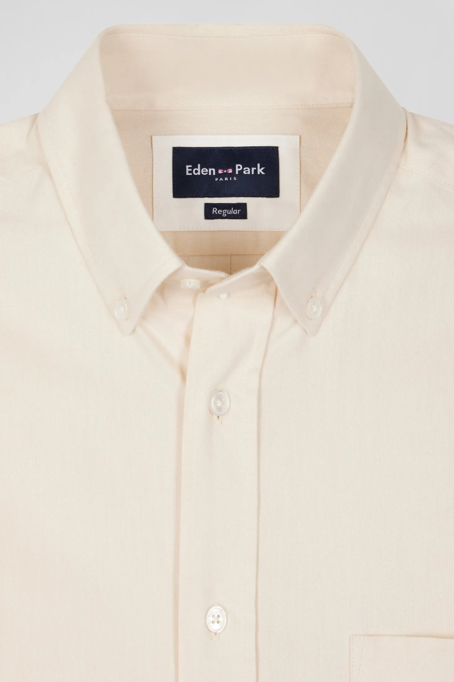 Regular plain beige cotton twill shirt with button-down collar