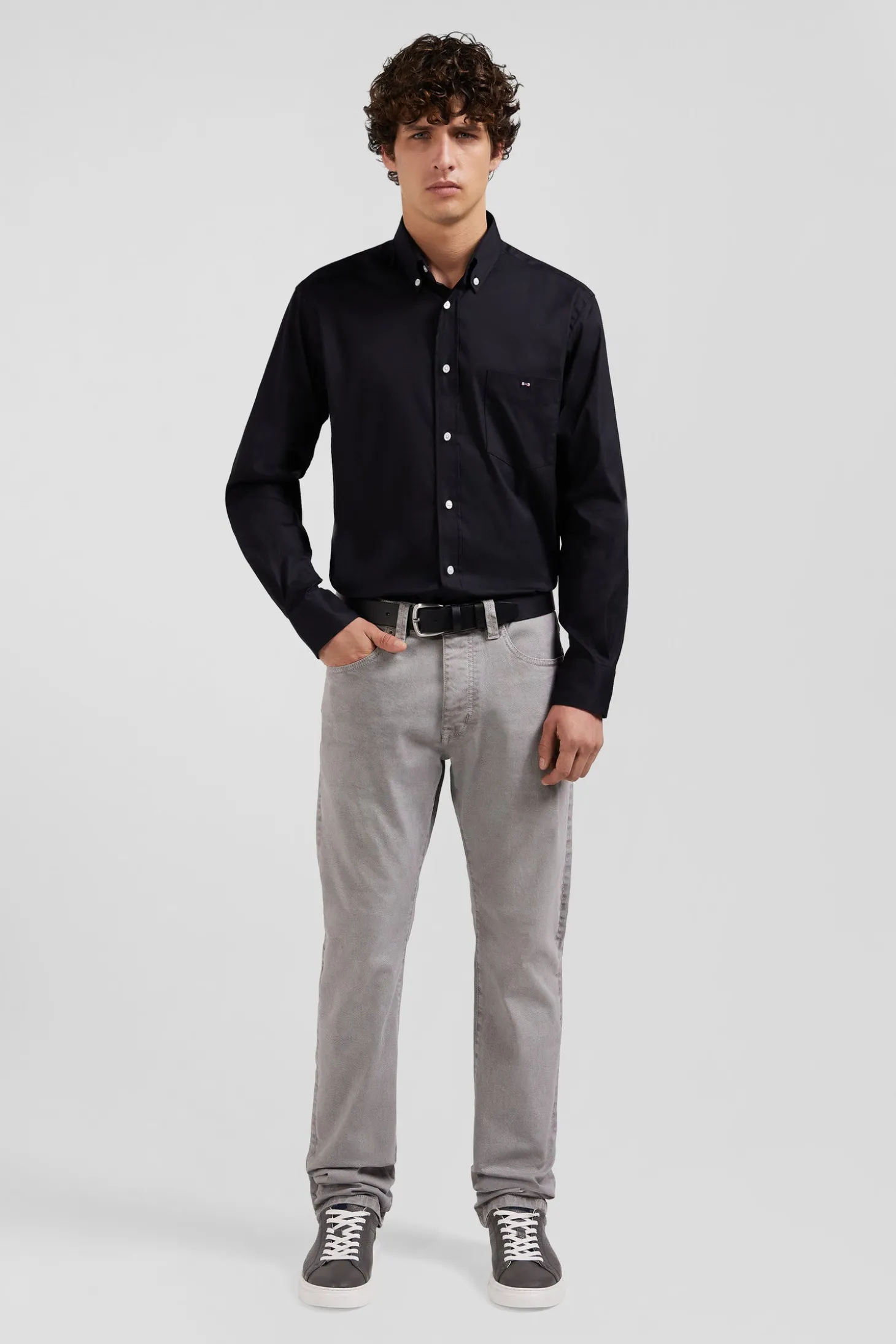 Regular plain black mixed stretch cotton shirt