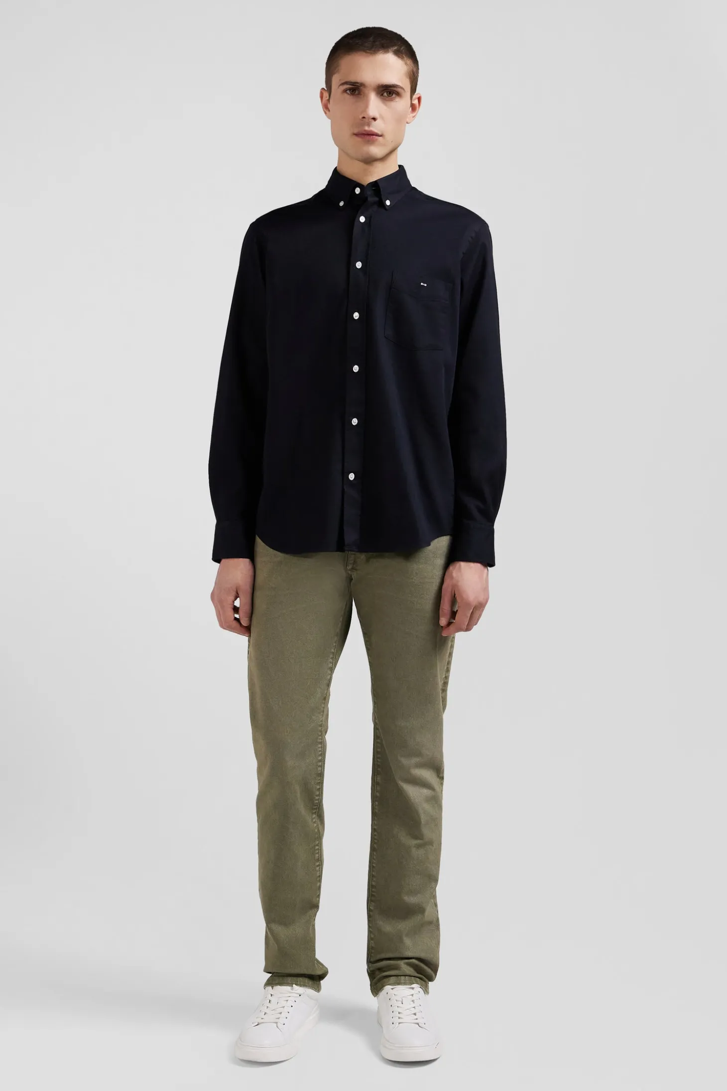 Regular plain black piqué cotton shirt