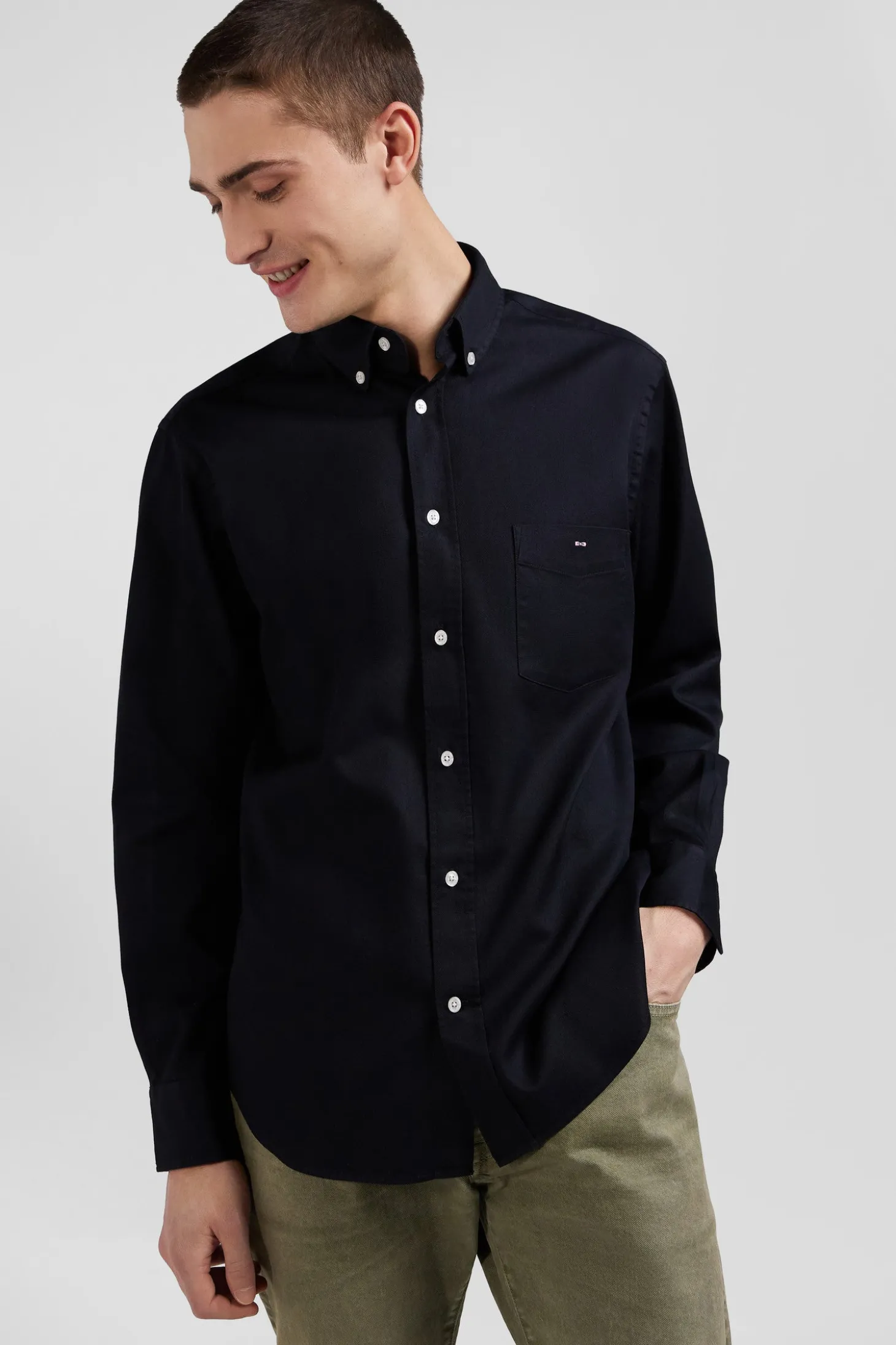 Regular plain black piqué cotton shirt