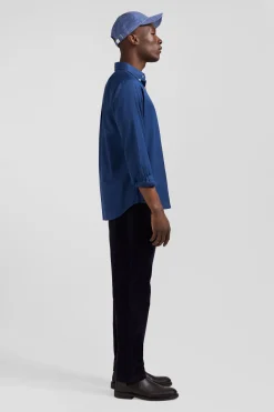 Regular plain blue piqué cotton shirt