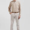 Regular plain brown cotton twill shirt with button-down collar
