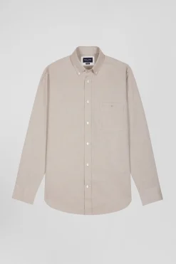 Regular plain brown cotton twill shirt with button-down collar