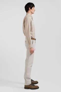 Regular plain brown cotton twill shirt with button-down collar