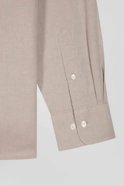 Regular plain brown cotton twill shirt with button-down collar