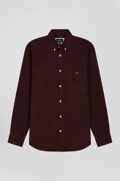 Regular plain burgundy cotton shirt with button-down collar and chest pocket
