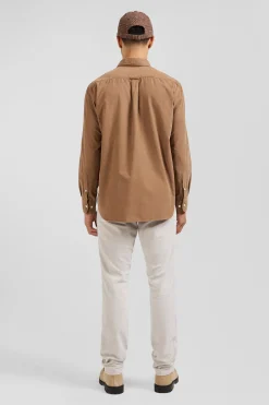 Regular plain camel cotton shirt with button-down collar and chest pocket