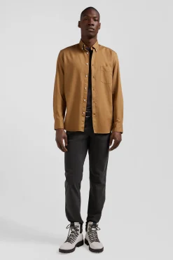 Regular plain camel piqué cotton shirt