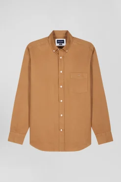 Regular plain camel piqué cotton shirt