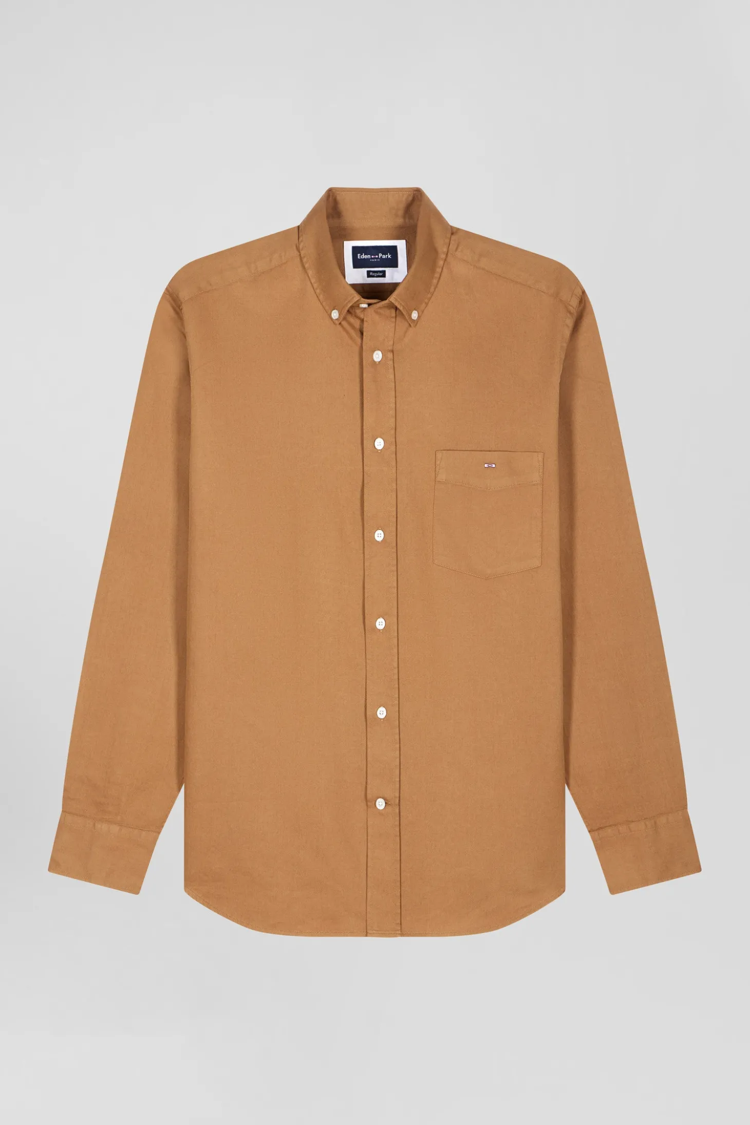 Regular plain camel piqué cotton shirt