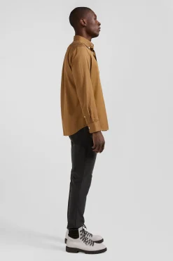 Regular plain camel piqué cotton shirt