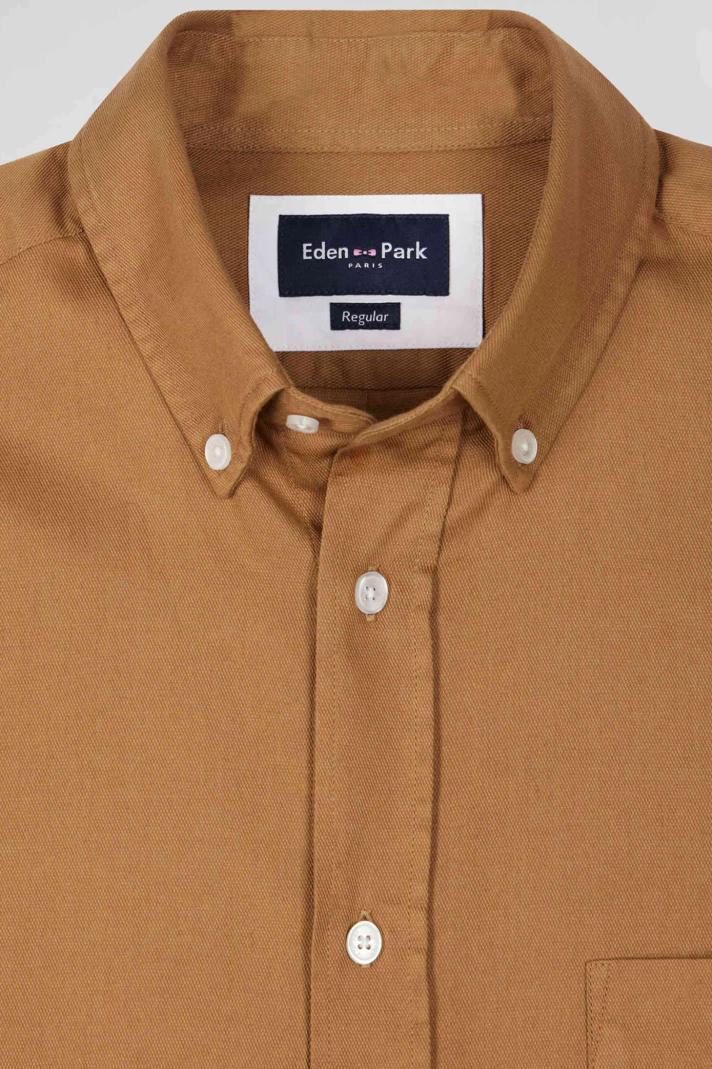 Regular plain camel piqué cotton shirt