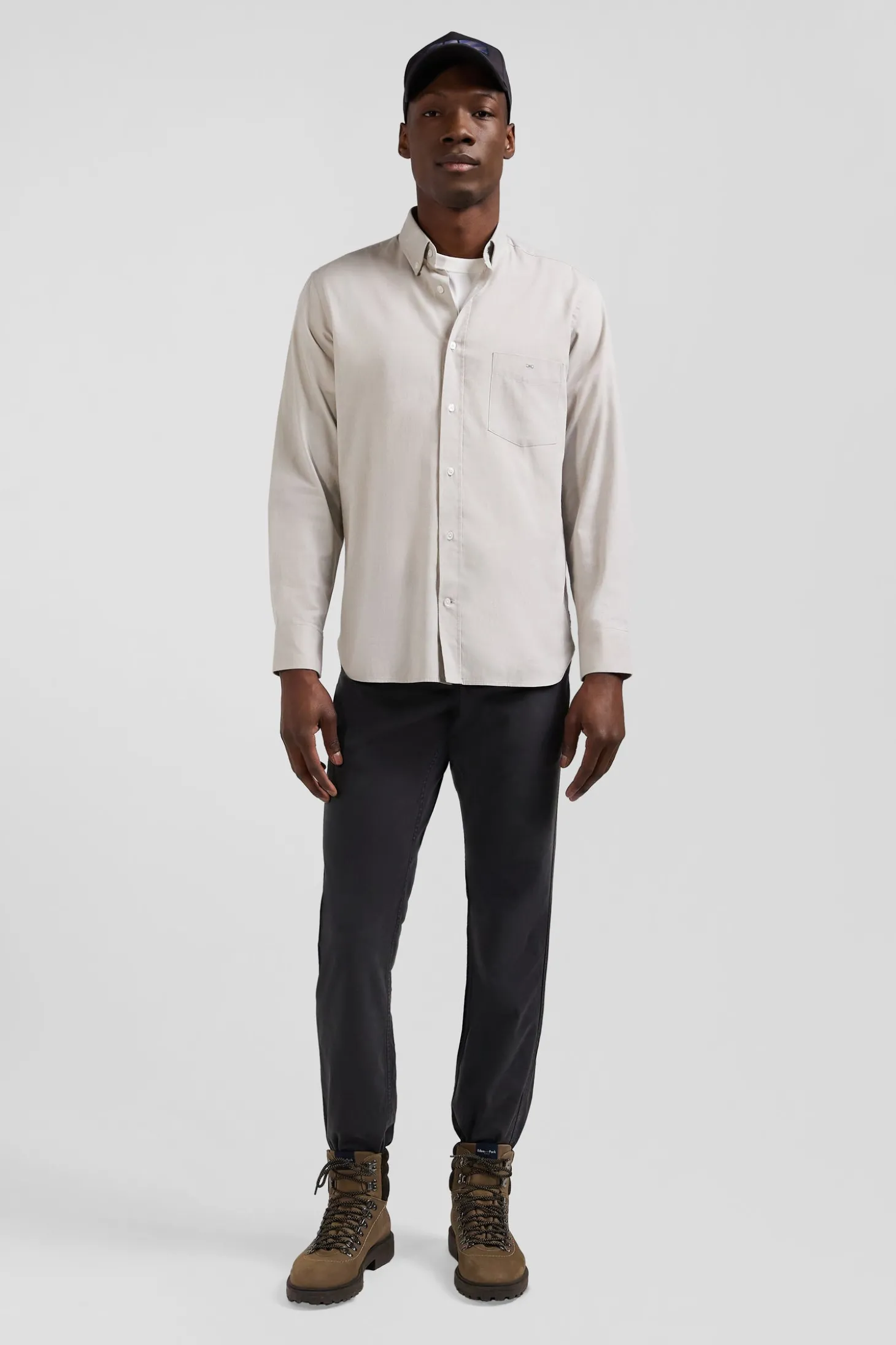 Regular plain grey cotton twill shirt with button-down collar