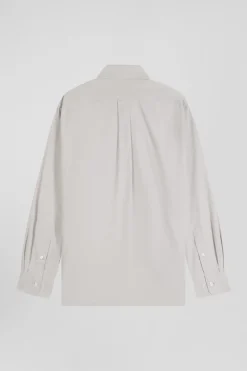 Regular plain grey cotton twill shirt with button-down collar