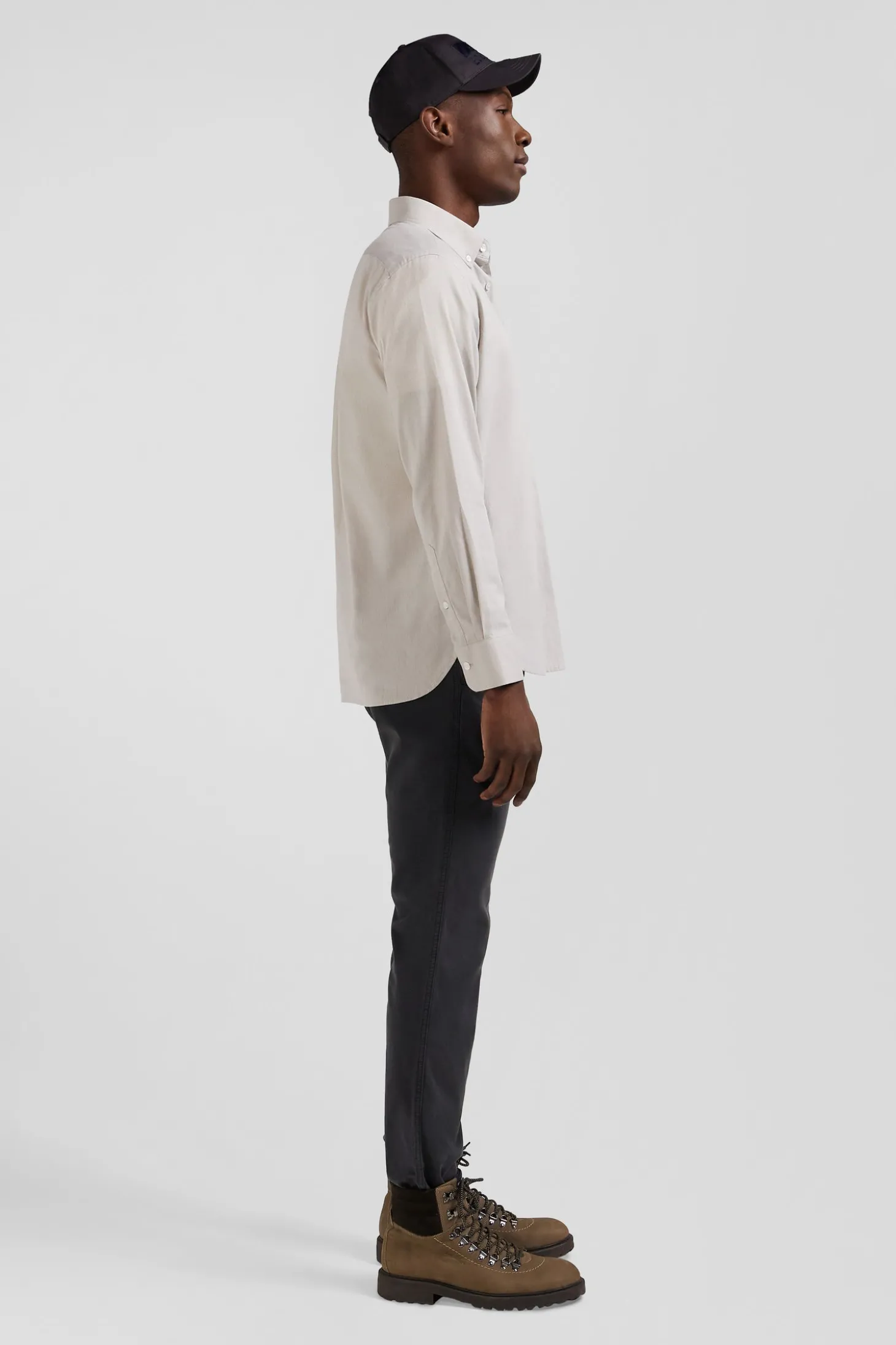 Regular plain grey cotton twill shirt with button-down collar