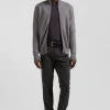 Regular plain mottled grey cotton high collar zipped cardigan
