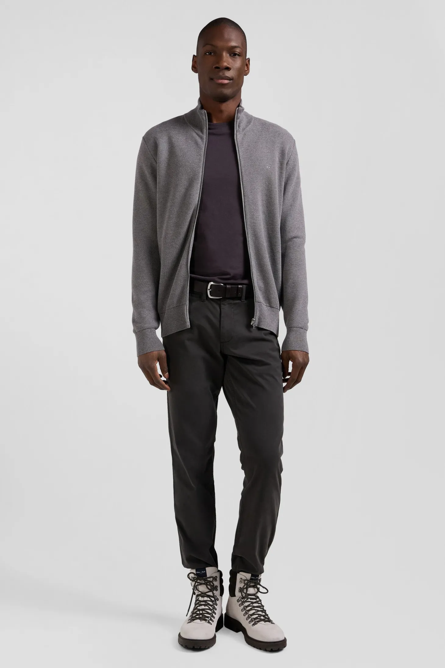 Regular plain mottled grey cotton high collar zipped cardigan