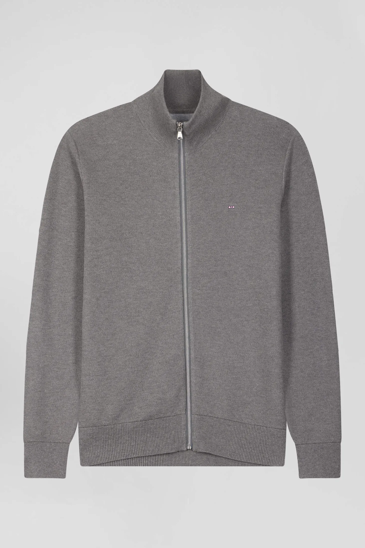 Regular plain mottled grey cotton high collar zipped cardigan