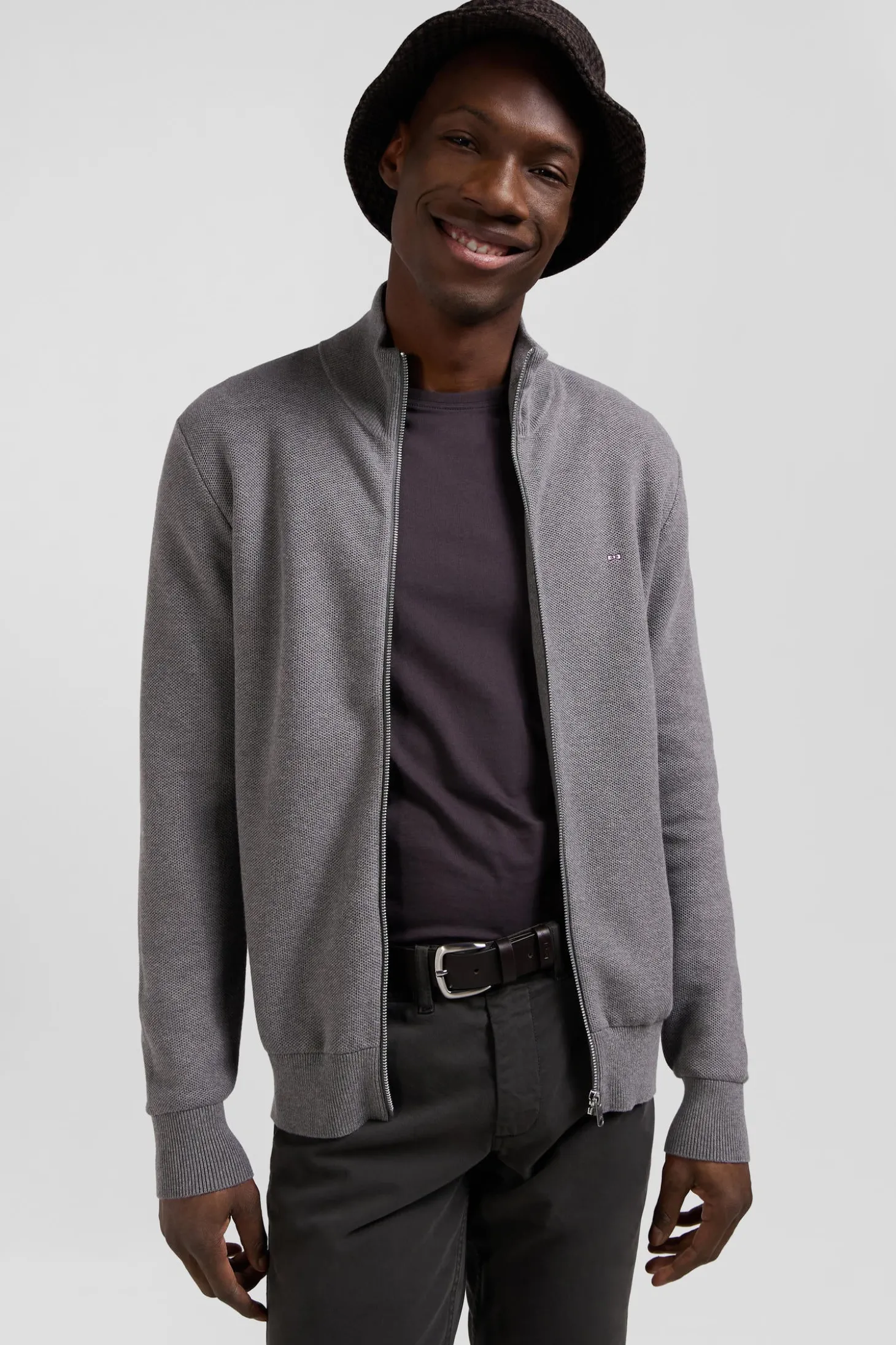 Regular plain mottled grey cotton high collar zipped cardigan