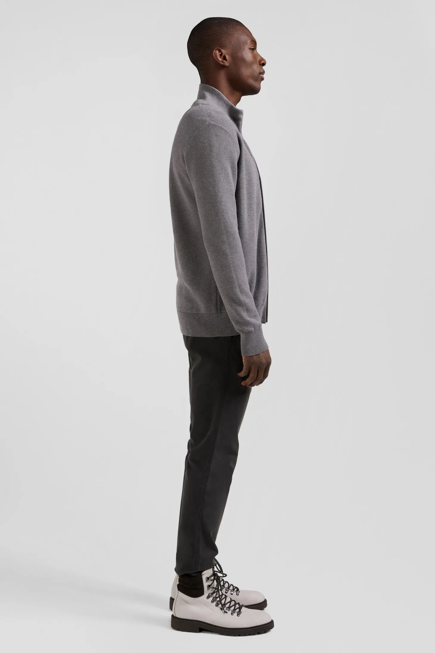 Regular plain mottled grey cotton high collar zipped cardigan