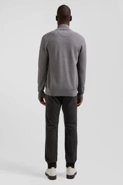 Regular plain mottled grey cotton high collar zipped cardigan