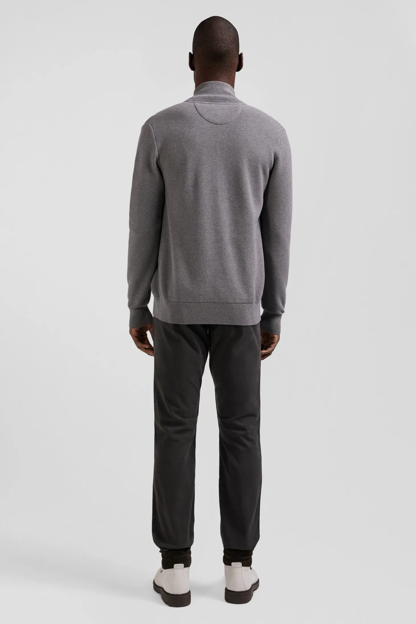 Regular plain mottled grey cotton high collar zipped cardigan