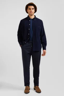 Regular plain navy blue cotton shirt with button-down collar and chest pocket