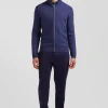 Regular plain navy blue cotton high collar zipped cardigan