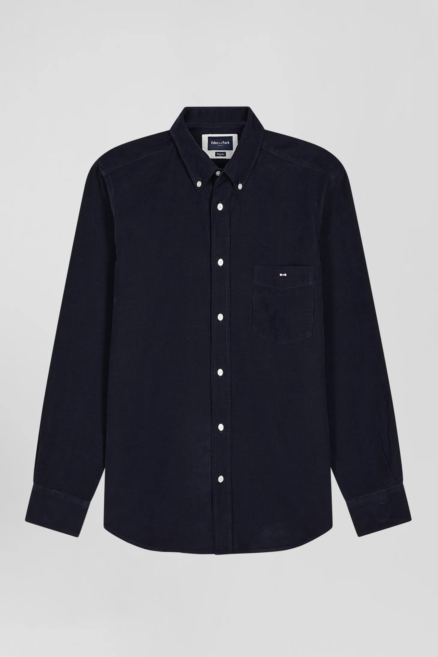 Regular plain navy blue cotton shirt with button-down collar and chest pocket