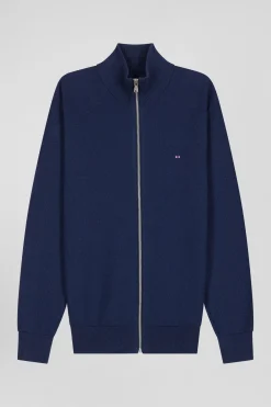 Regular plain navy blue cotton high collar zipped cardigan