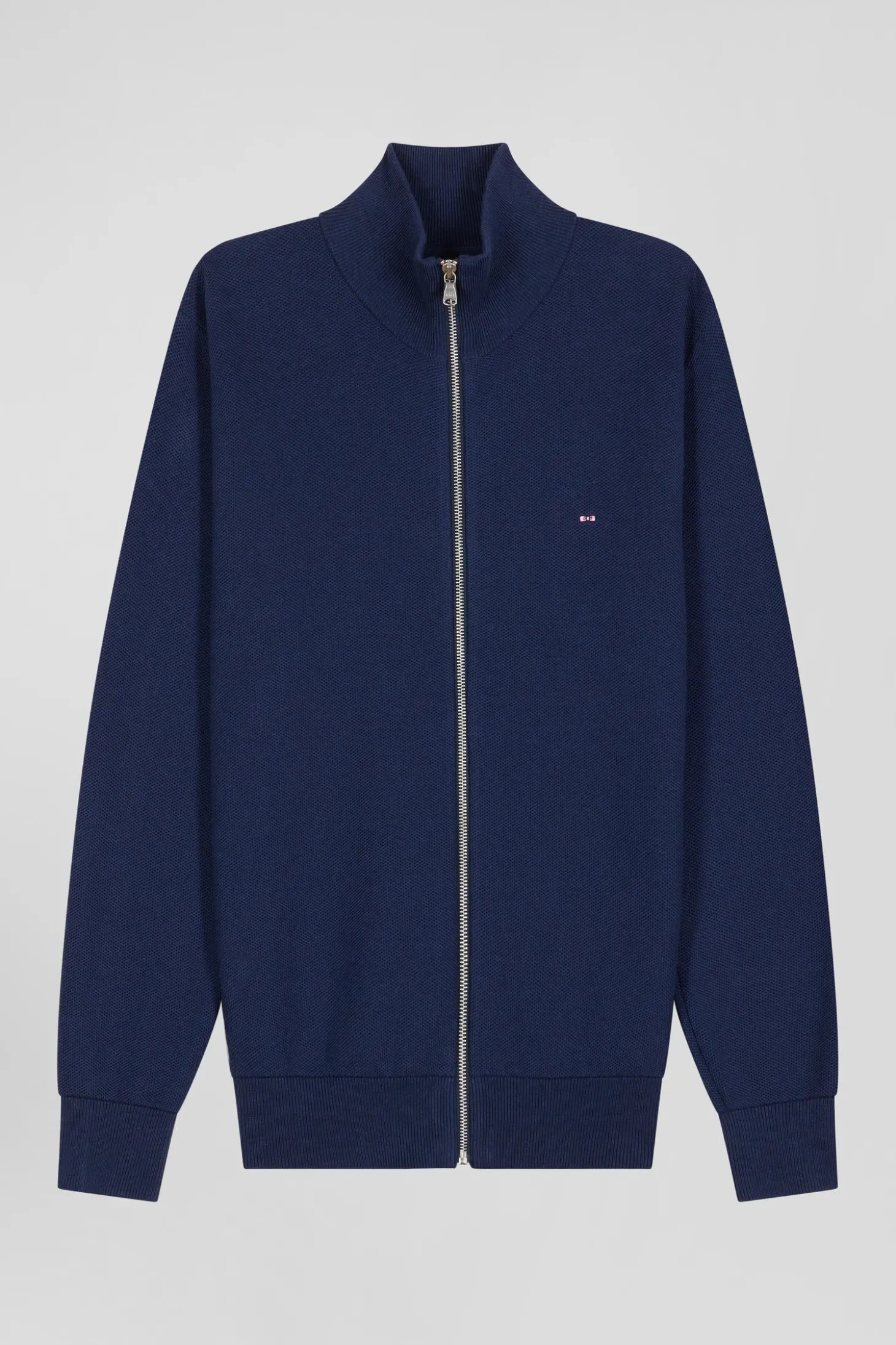 Regular plain navy blue cotton high collar zipped cardigan