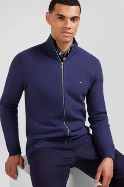 Regular plain navy blue cotton high collar zipped cardigan