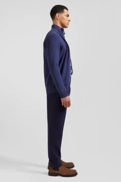Regular plain navy blue cotton high collar zipped cardigan