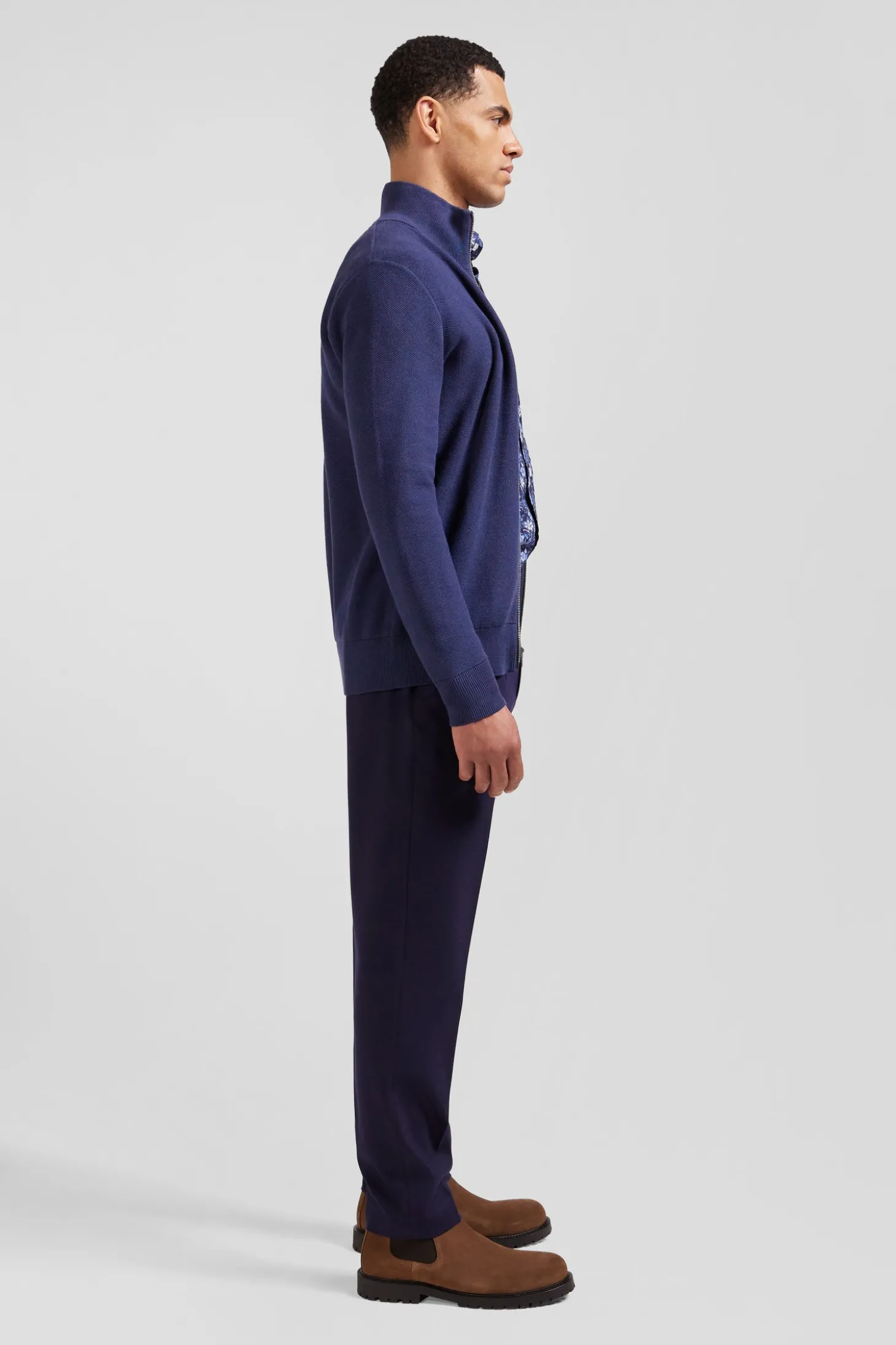 Regular plain navy blue cotton high collar zipped cardigan