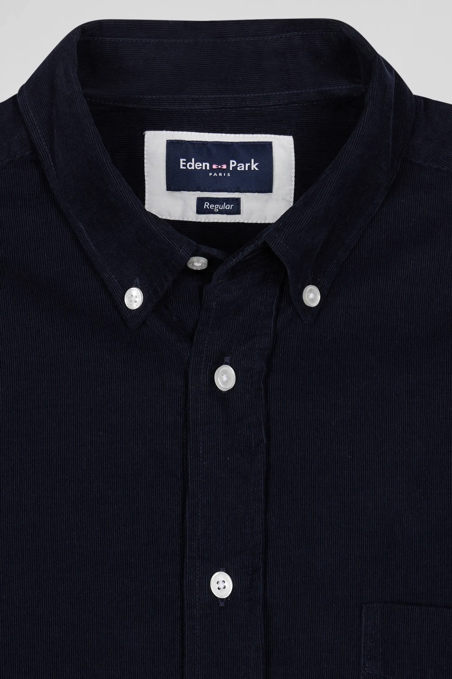 Regular plain navy blue cotton shirt with button-down collar and chest pocket