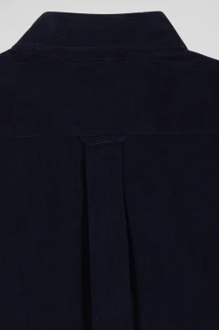 Regular plain navy blue cotton shirt with button-down collar and chest pocket