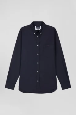 Regular plain navy blue mixed stretch cotton shirt
