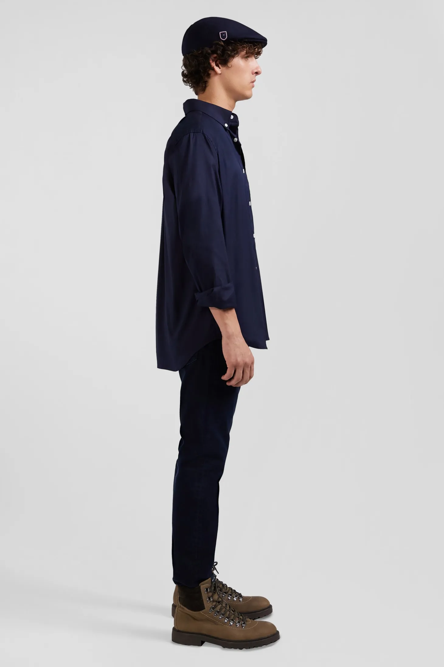 Regular plain navy blue mixed stretch cotton shirt