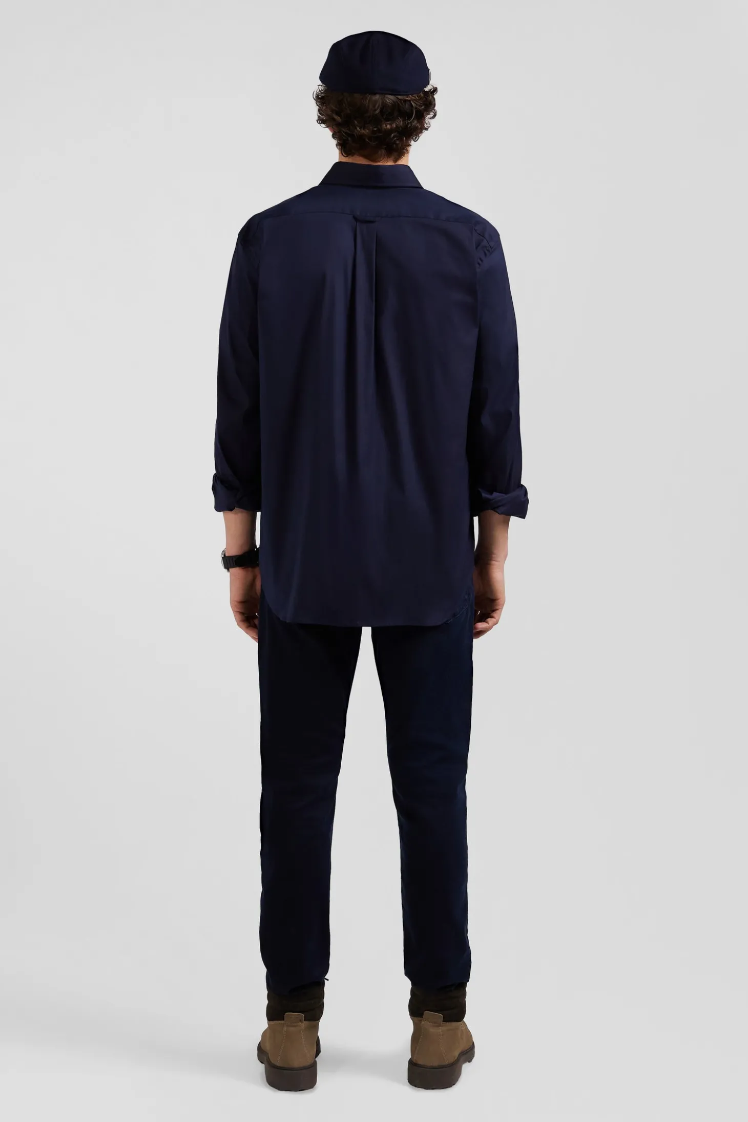 Regular plain navy blue mixed stretch cotton shirt