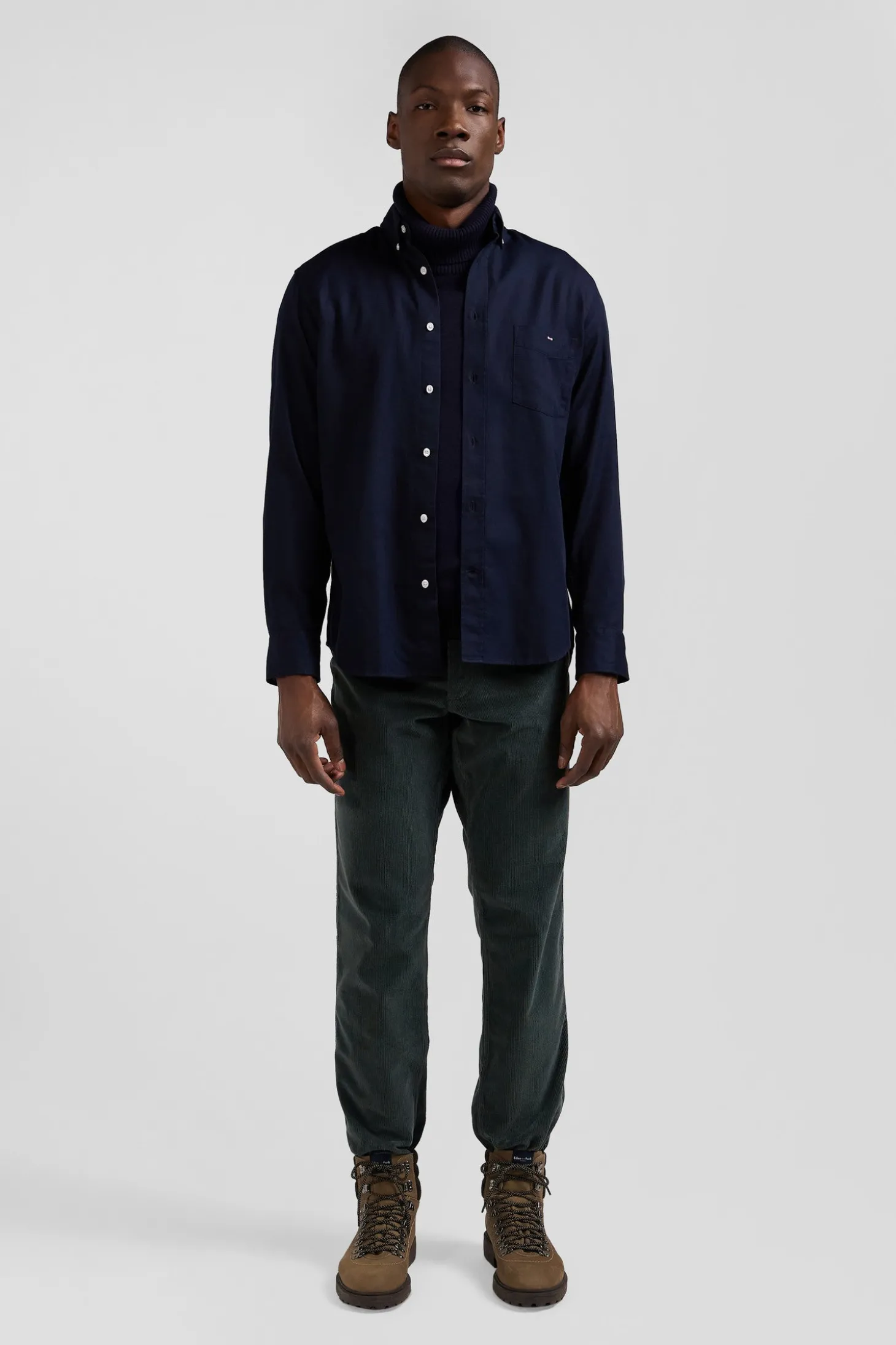 Regular plain navy blue piqué cotton shirt