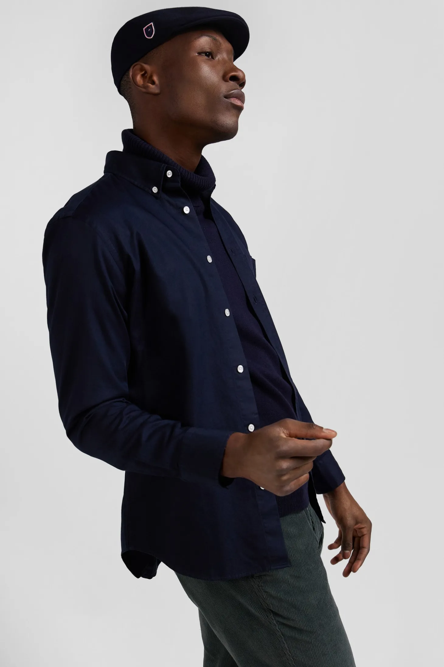 Regular plain navy blue piqué cotton shirt