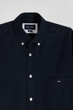 Regular plain navy blue piqué cotton shirt