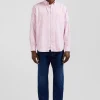 Regular plain pink cotton shirt with button-down collar and chest pocket